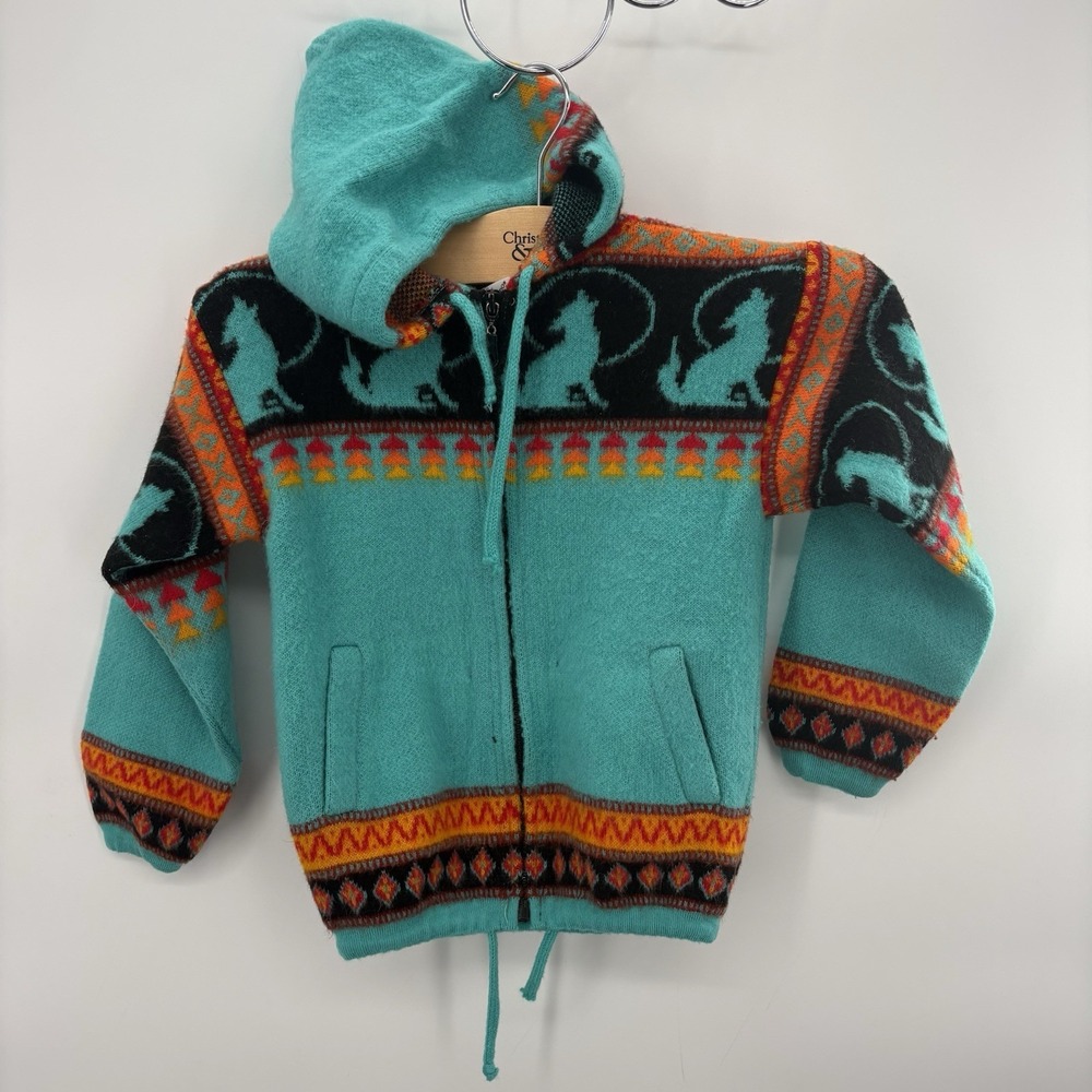 Camptex wool zip-up hoodie wolf southwestern-style Child Size 4 -Vintage #10B‎